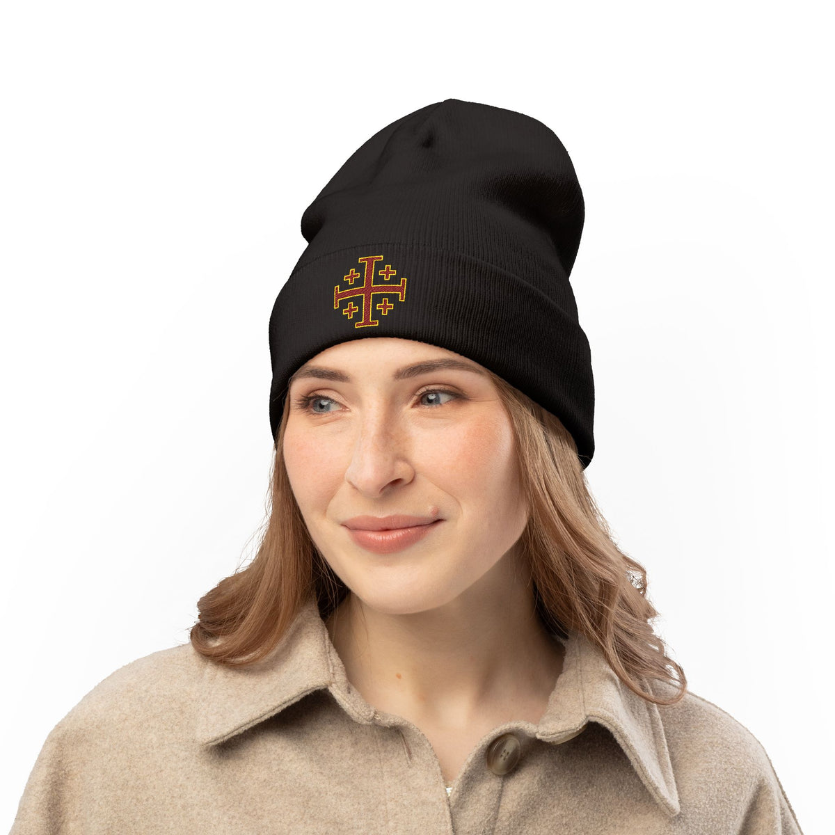 Embroidered Jerusalem Cross Knit Beanie — Black Christian Faith Hat ♱