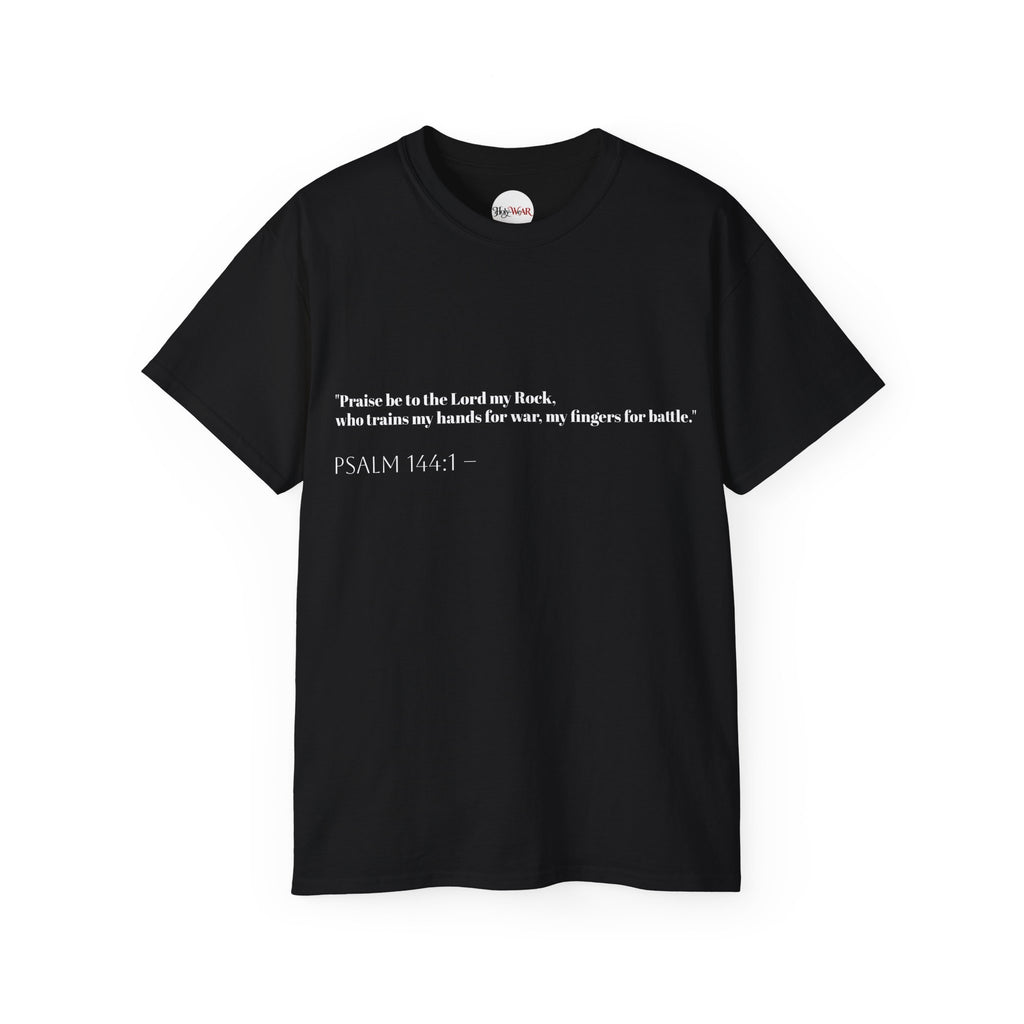 Psalm 144:1 Black Faith T‑Shirt — "Praise be to the Lord my Rock" Scripture Tee ♱