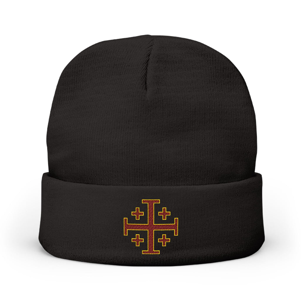 Embroidered Jerusalem Cross Knit Beanie — Black Christian Faith Hat ♱