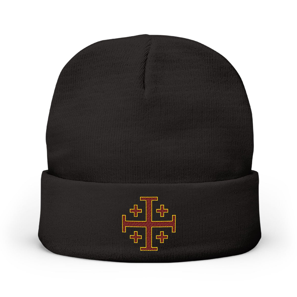 Embroidered Jerusalem Cross Knit Beanie — Black Christian Faith Hat ♱