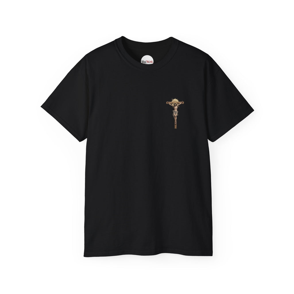 Jesus Crucifix Pocket T-Shirt — Small Gold Crucifix Graphic Christian Tee