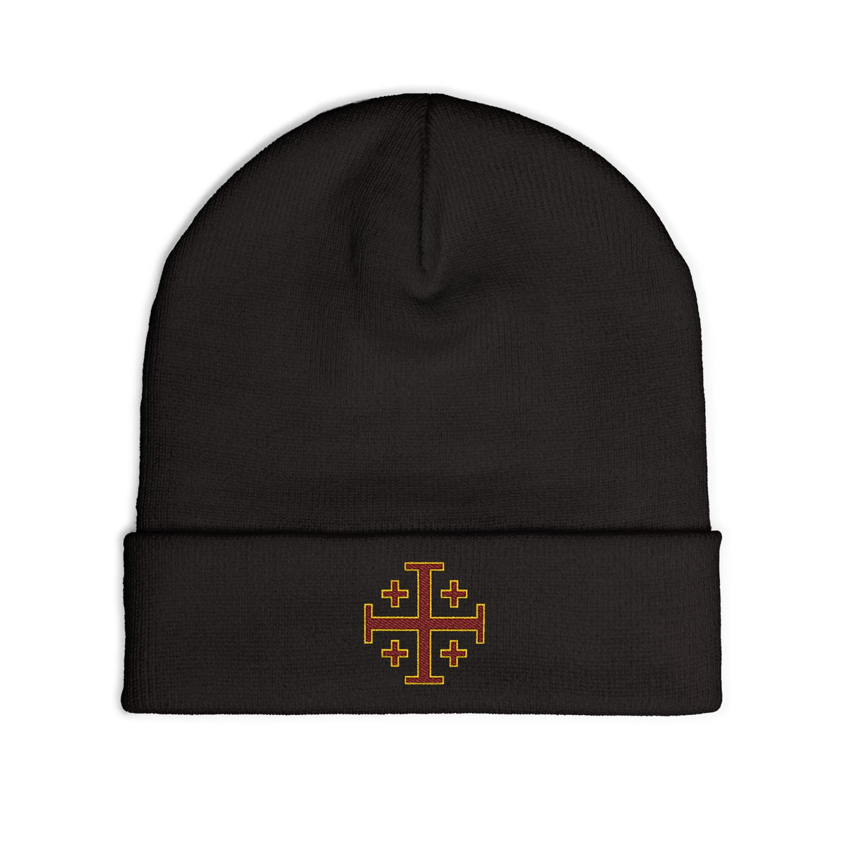 Embroidered Jerusalem Cross Knit Beanie — Black Christian Faith Hat ♱