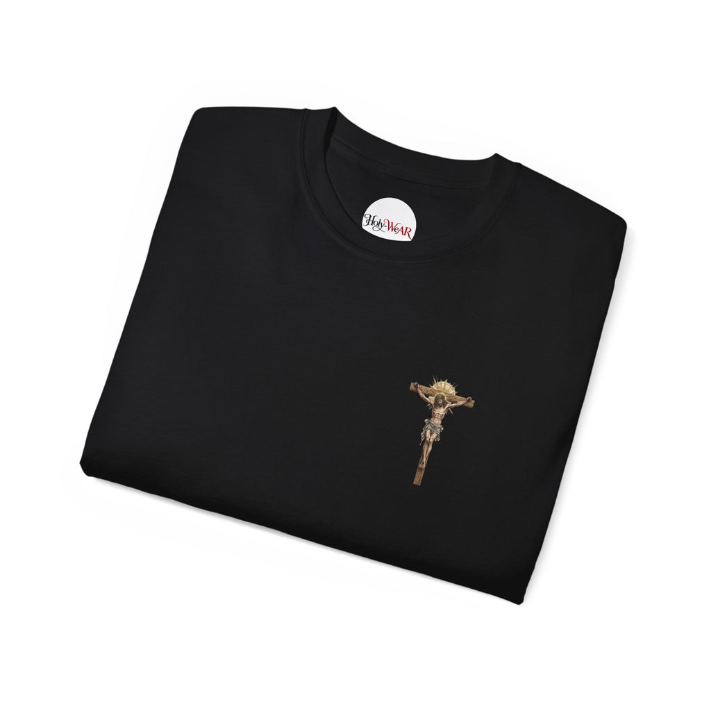 Jesus Crucifix Pocket T-Shirt — Small Gold Crucifix Graphic Christian Tee