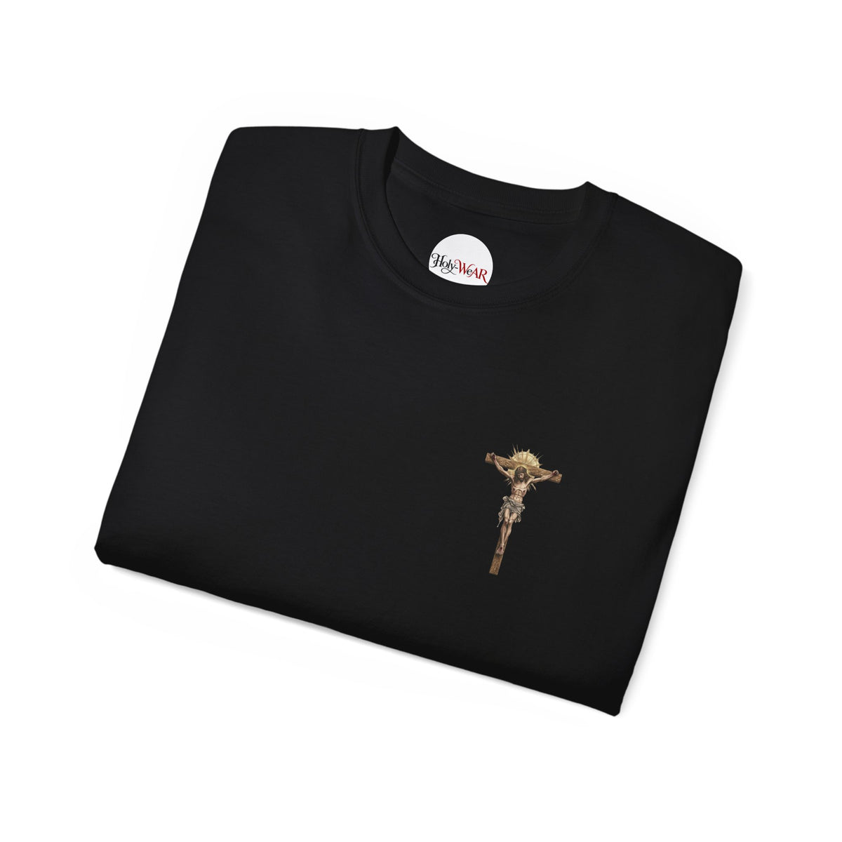 Jesus Crucifix Pocket T-Shirt — Small Gold Crucifix Graphic Christian Tee